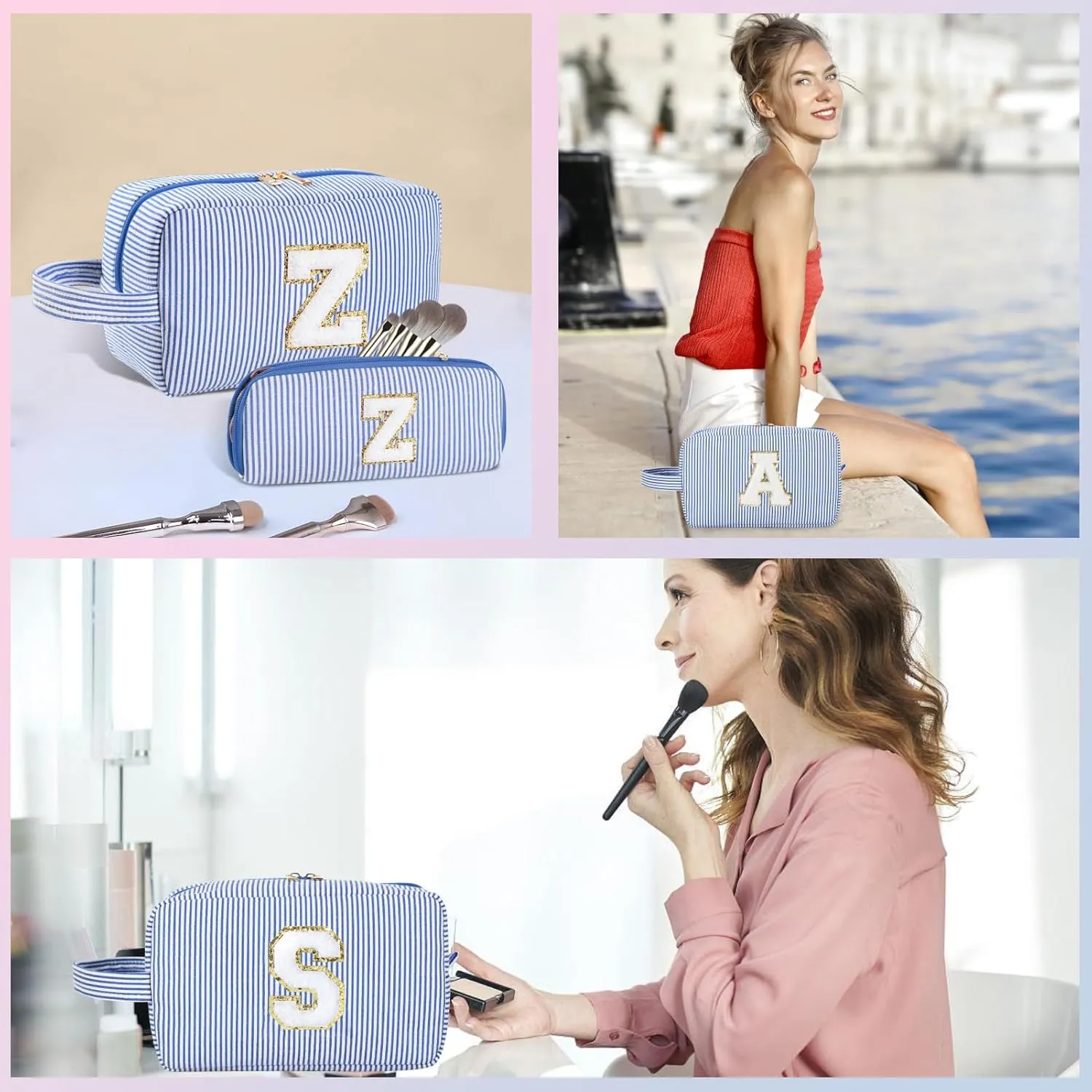 2pcs Personalized Initial Makeup Bag A-Z, Travel Toiletry Bag Preppy Make Up Bags Girls Cute Cosmetic Pouch Makeup Organizer Wedding Birthday Mothers Day Gifts for Women (Blue, A)