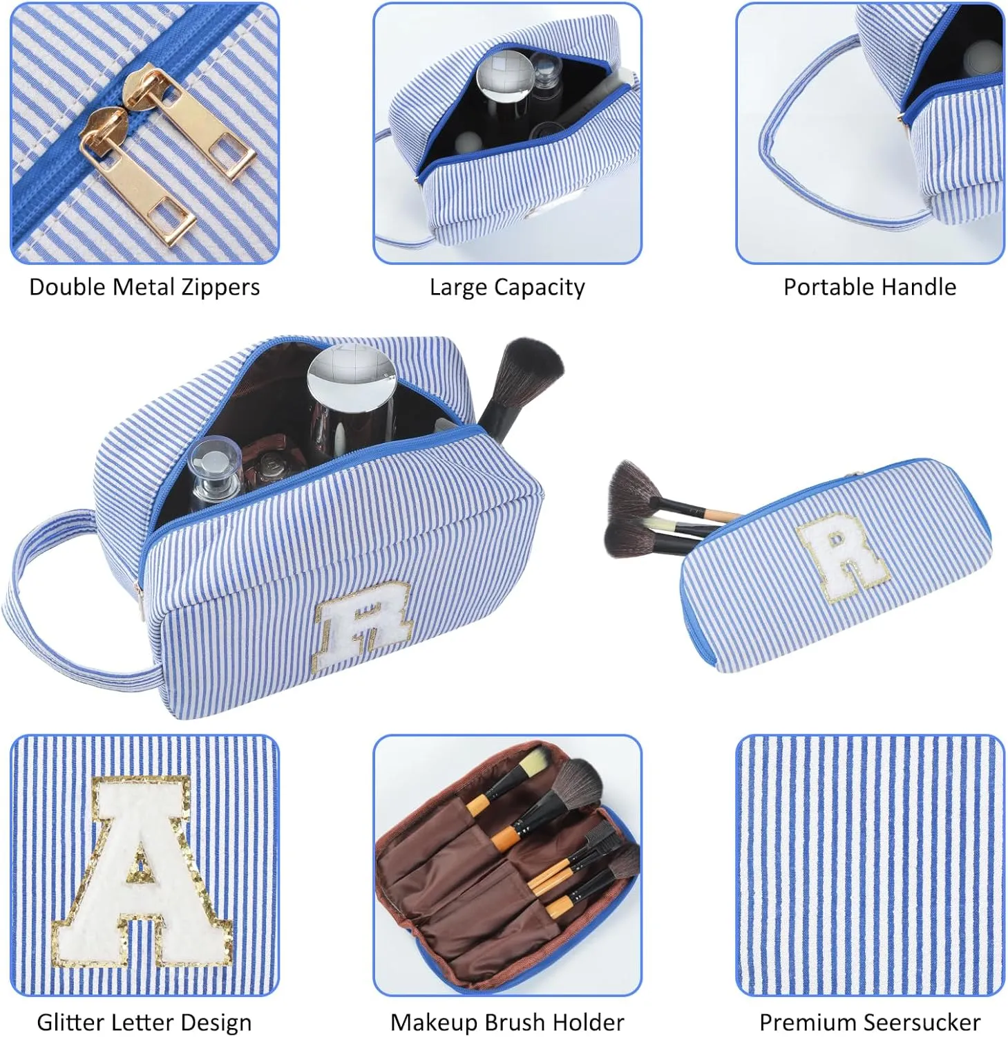2pcs Personalized Initial Makeup Bag A-Z, Travel Toiletry Bag Preppy Make Up Bags Girls Cute Cosmetic Pouch Makeup Organizer Wedding Birthday Mothers Day Gifts for Women (Blue, A)