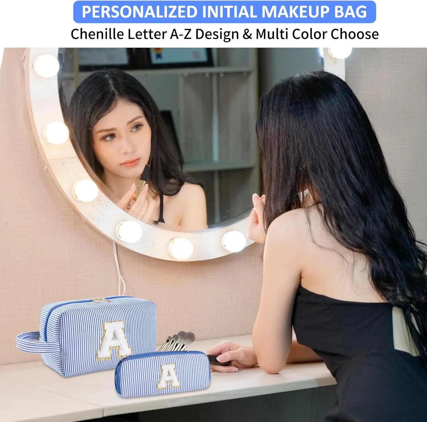 2pcs Personalized Initial Makeup Bag A-Z, Travel Toiletry Bag Preppy Make Up Bags Girls Cute Cosmetic Pouch Makeup Organizer Wedding Birthday Mothers Day Gifts for Women (Blue, A)