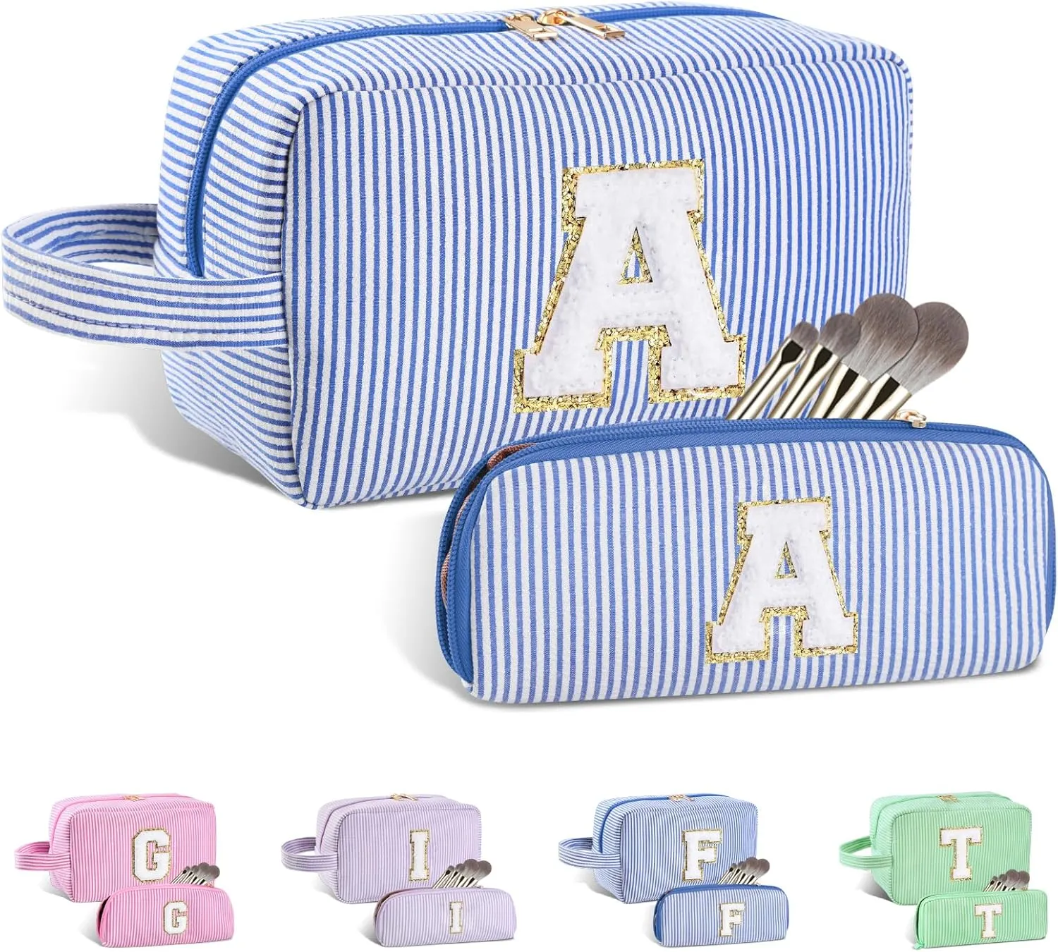 2pcs Personalized Initial Makeup Bag A-Z, Travel Toiletry Bag Preppy Make Up Bags Girls Cute Cosmetic Pouch Makeup Organizer Wedding Birthday Mothers Day Gifts for Women (Blue, A)