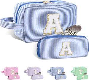 2pcs Personalized Initial Makeup Bag A-Z, Travel Toiletry Bag Preppy Make Up Bags Girls Cute Cosmetic Pouch Makeup Organizer Wedding Birthday Mothers Day Gifts for Women (Blue, A)