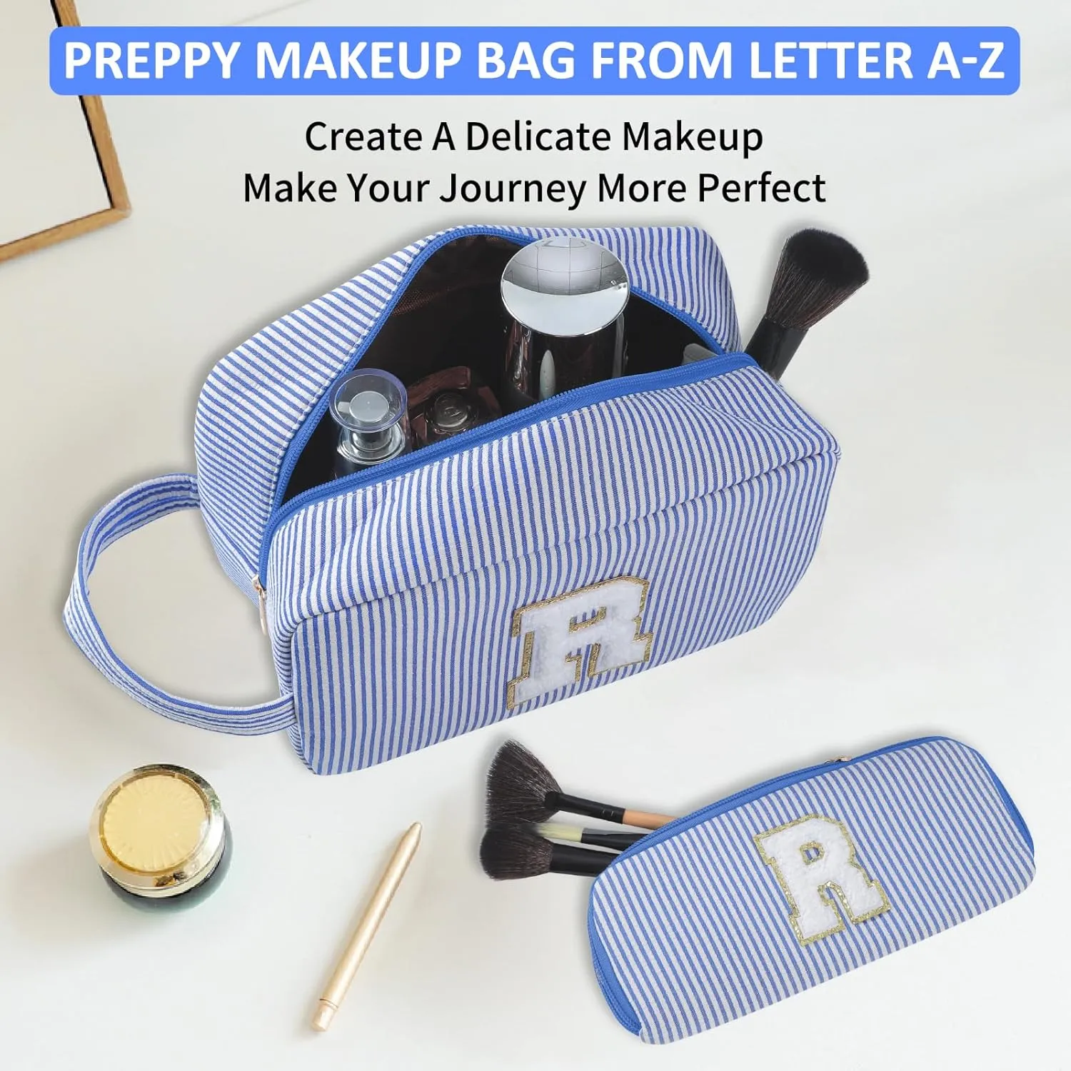 2pcs Personalized Initial Makeup Bag A-Z, Travel Toiletry Bag Preppy Make Up Bags Girls Cute Cosmetic Pouch Makeup Organizer Wedding Birthday Mothers Day Gifts for Women (Blue, A)