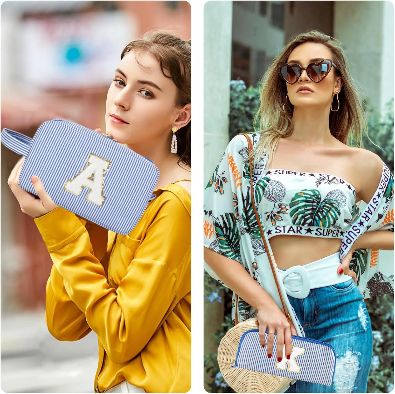 2pcs Personalized Initial Makeup Bag A-Z, Travel Toiletry Bag Preppy Make Up Bags Girls Cute Cosmetic Pouch Makeup Organizer Wedding Birthday Mothers Day Gifts for Women (Blue, A)