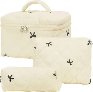 3 Pcs Cotton Quilted Makeup Bag Set, Floral Cotton Cosmetic Bag, Aesthetic Toiletry Travel Organizer Bag for Women (Beige Bow)
