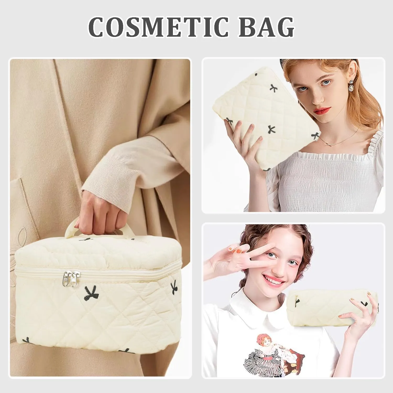 3 Pcs Cotton Quilted Makeup Bag Set, Floral Cotton Cosmetic Bag, Aesthetic Toiletry Travel Organizer Bag for Women (Beige Bow)