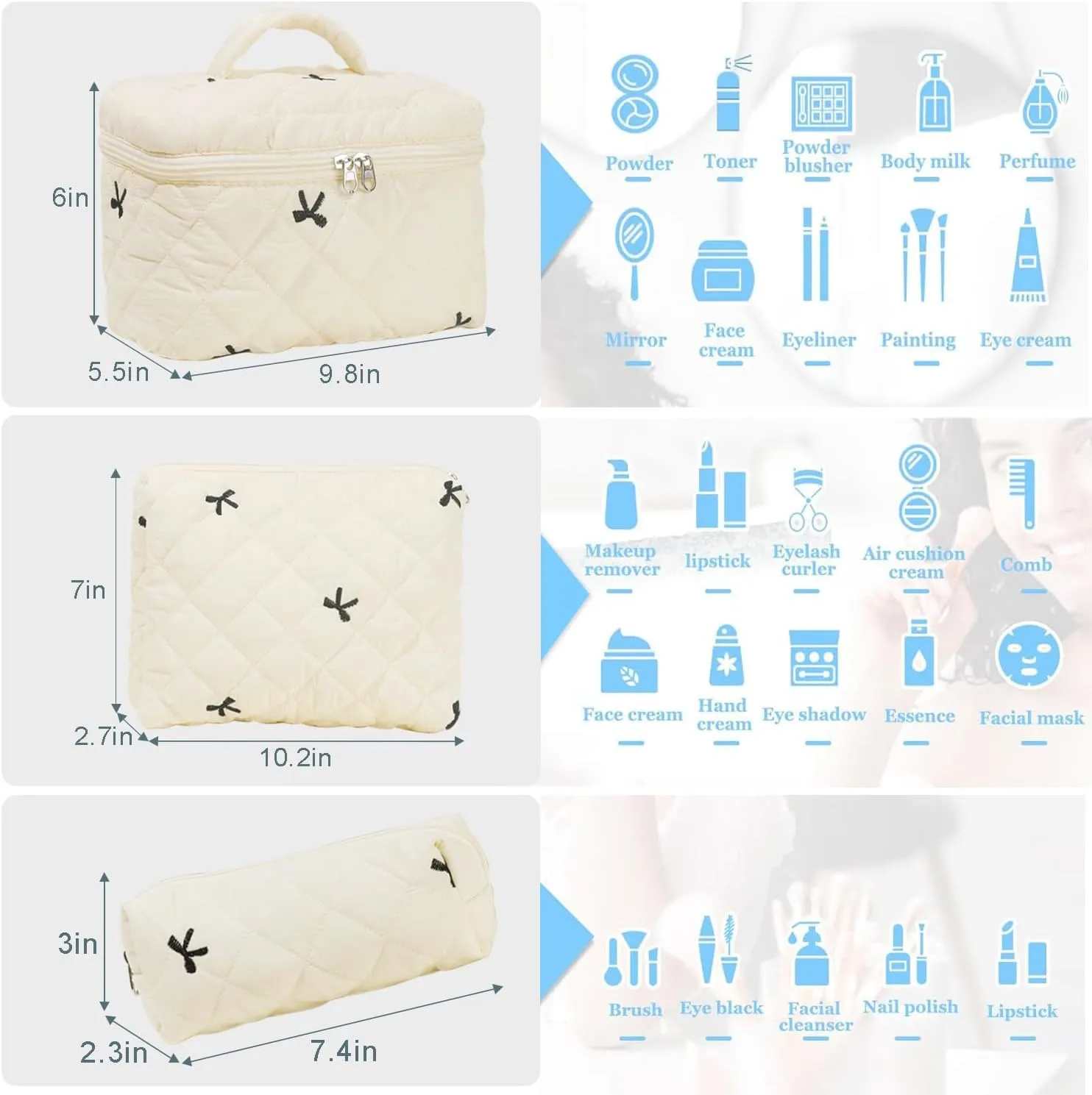 3 Pcs Cotton Quilted Makeup Bag Set, Floral Cotton Cosmetic Bag, Aesthetic Toiletry Travel Organizer Bag for Women (Beige Bow)