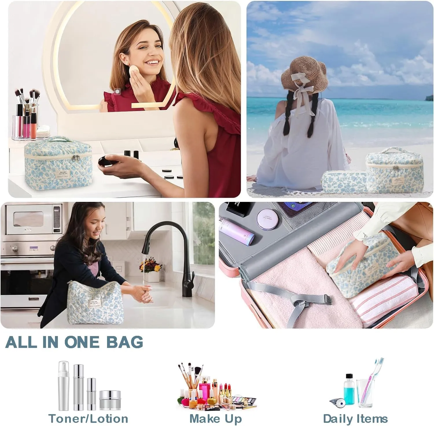 3 Pcs Cotton Quilted Makeup Bag Set, Floral Cotton Cosmetic Bag, Aesthetic Toiletry Travel Organizer Bag for Women (Beige Bow)