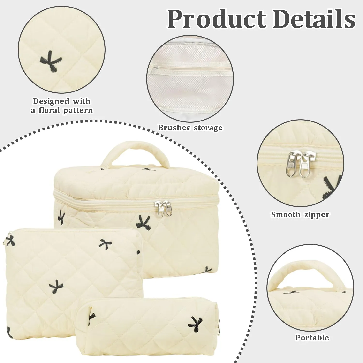 3 Pcs Cotton Quilted Makeup Bag Set, Floral Cotton Cosmetic Bag, Aesthetic Toiletry Travel Organizer Bag for Women (Beige Bow)