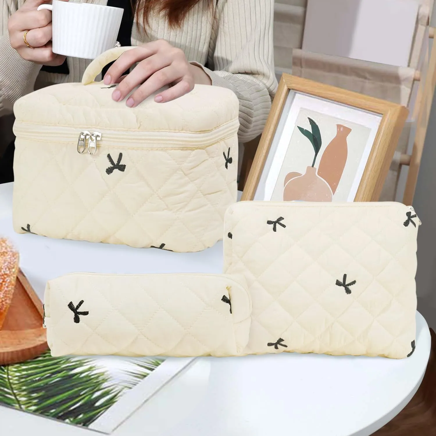3 Pcs Cotton Quilted Makeup Bag Set, Floral Cotton Cosmetic Bag, Aesthetic Toiletry Travel Organizer Bag for Women (Beige Bow)