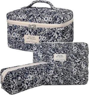 3 Pcs Cotton Quilted Makeup Bag Set, Floral Cotton Cosmetic Bag, Aesthetic Toiletry Travel Organizer Bag for Women (Black White Leaves)