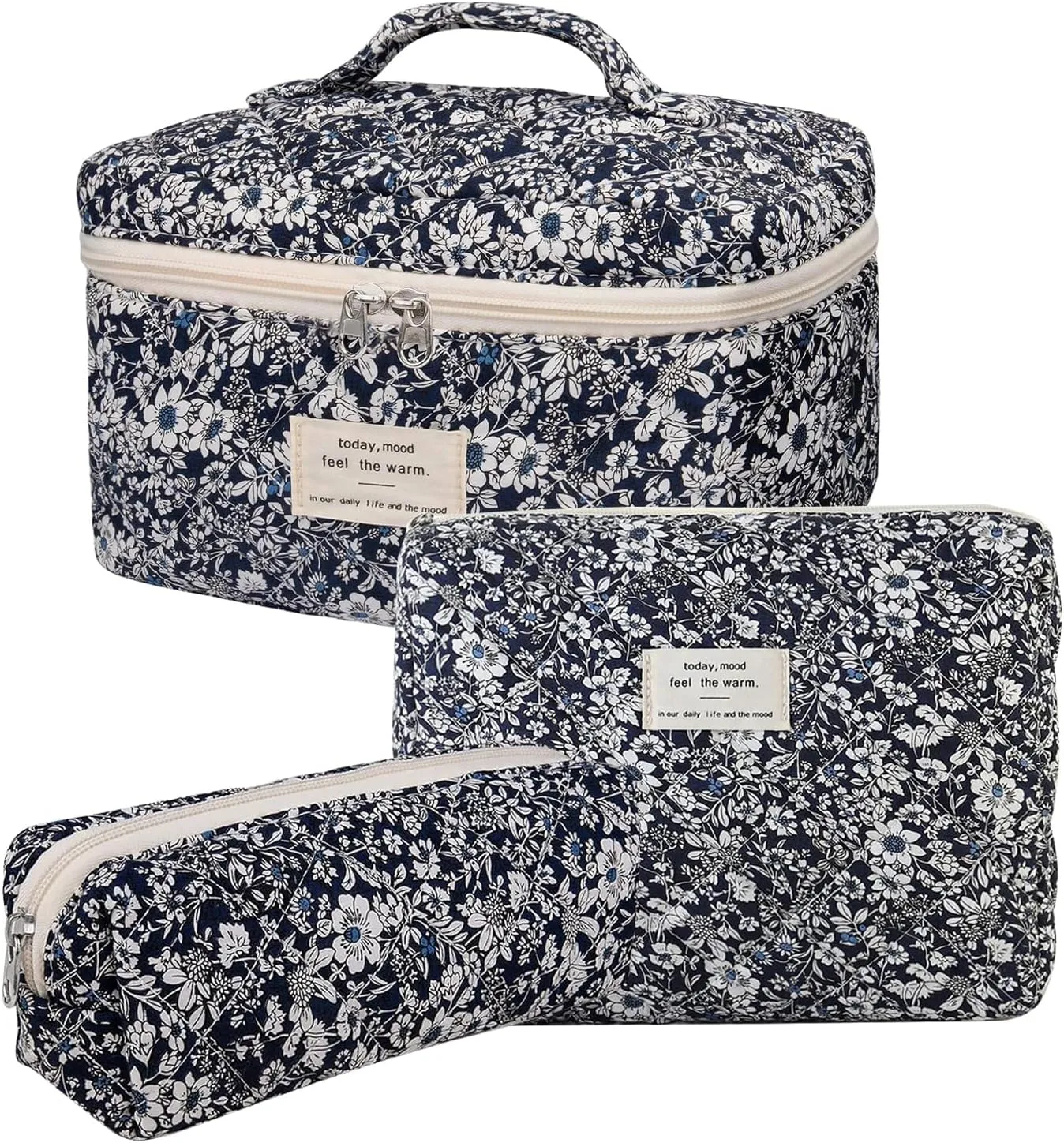 3 Pcs Cotton Quilted Makeup Bag Set, Floral Cotton Cosmetic Bag, Aesthetic Toiletry Travel Organizer Bag for Women (Black White Leaves)
