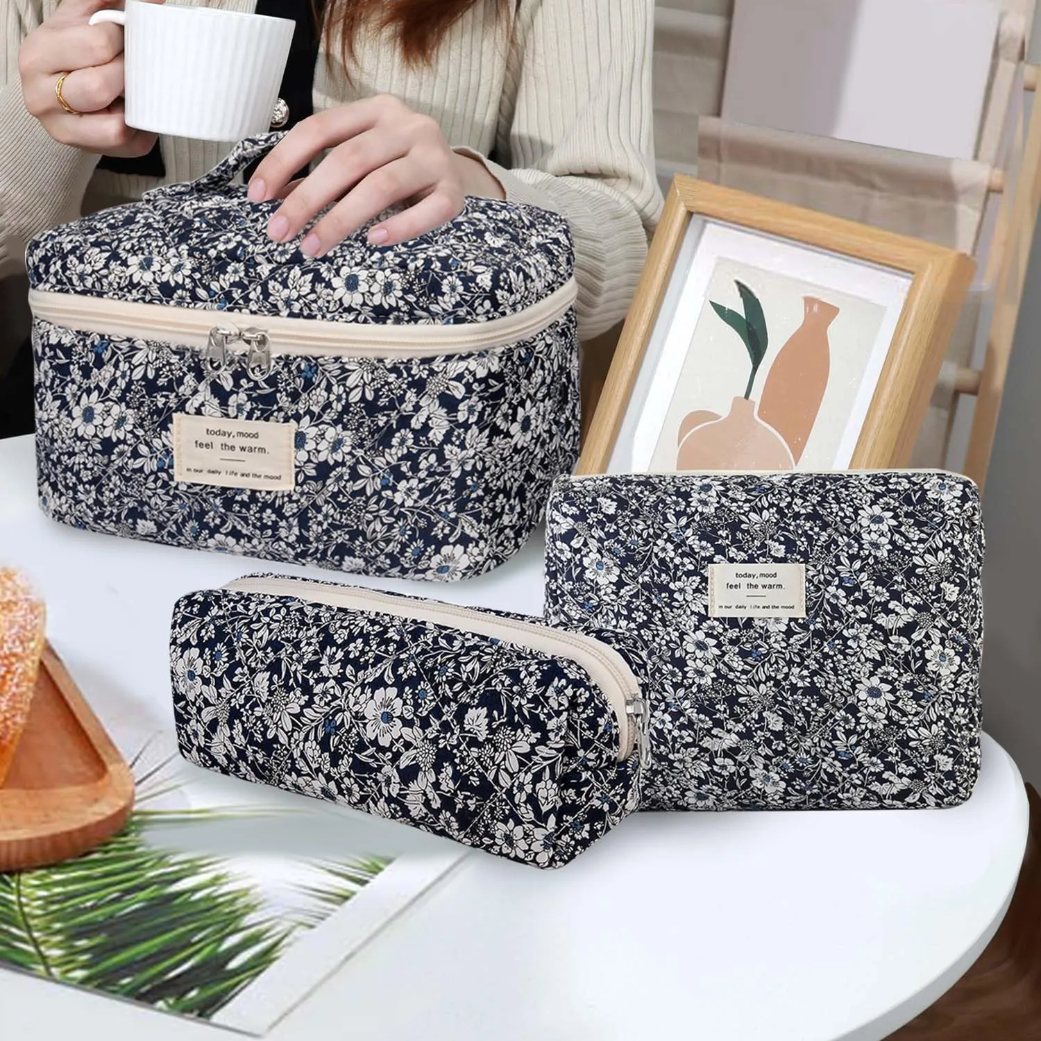 3 Pcs Cotton Quilted Makeup Bag Set, Floral Cotton Cosmetic Bag, Aesthetic Toiletry Travel Organizer Bag for Women (Black White Leaves)