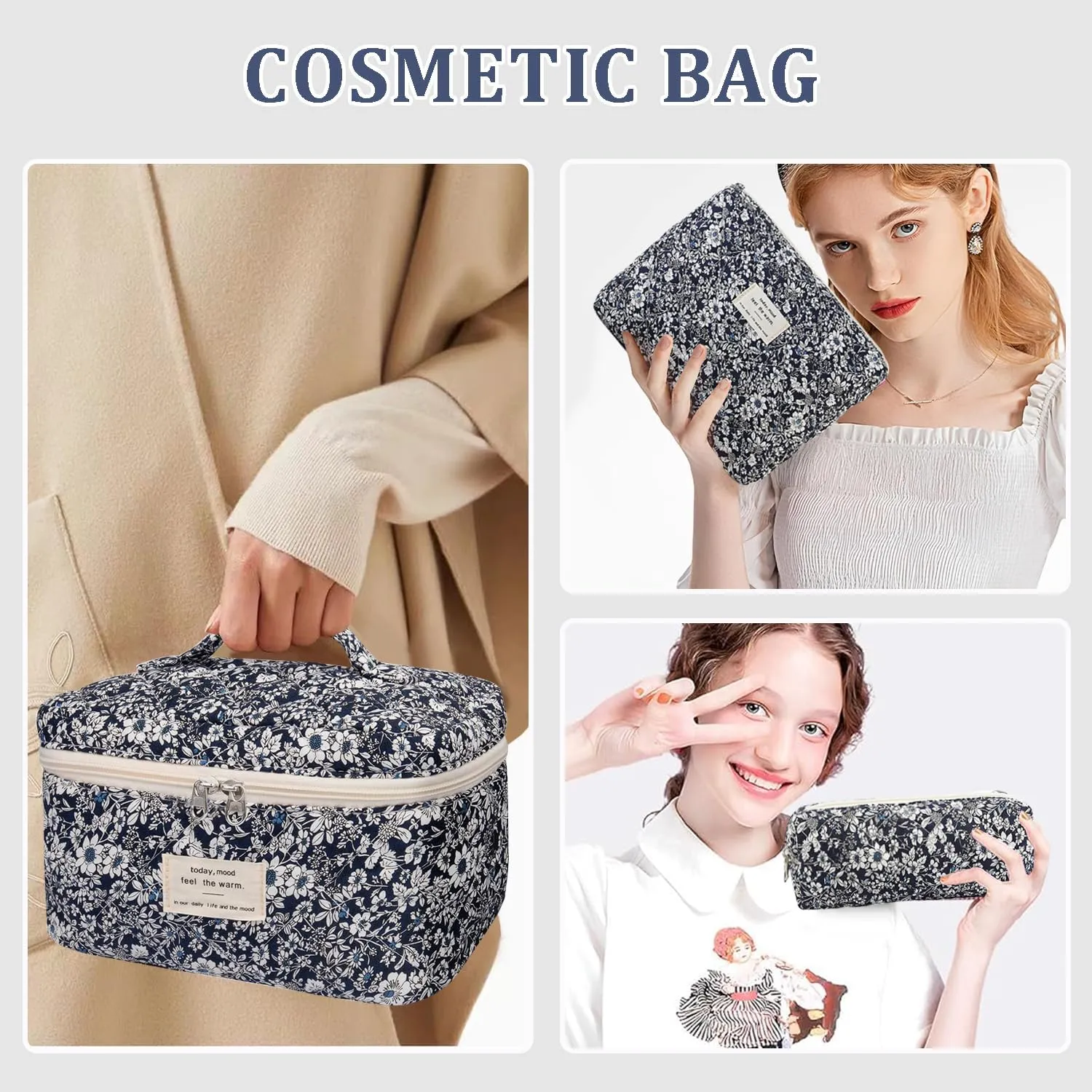 3 Pcs Cotton Quilted Makeup Bag Set, Floral Cotton Cosmetic Bag, Aesthetic Toiletry Travel Organizer Bag for Women (Black White Leaves)