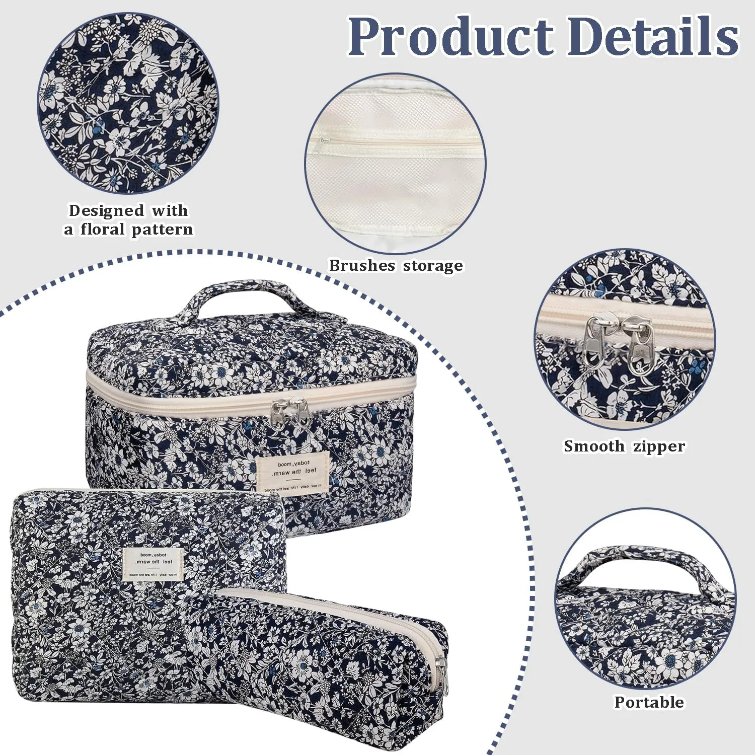 3 Pcs Cotton Quilted Makeup Bag Set, Floral Cotton Cosmetic Bag, Aesthetic Toiletry Travel Organizer Bag for Women (Black White Leaves)