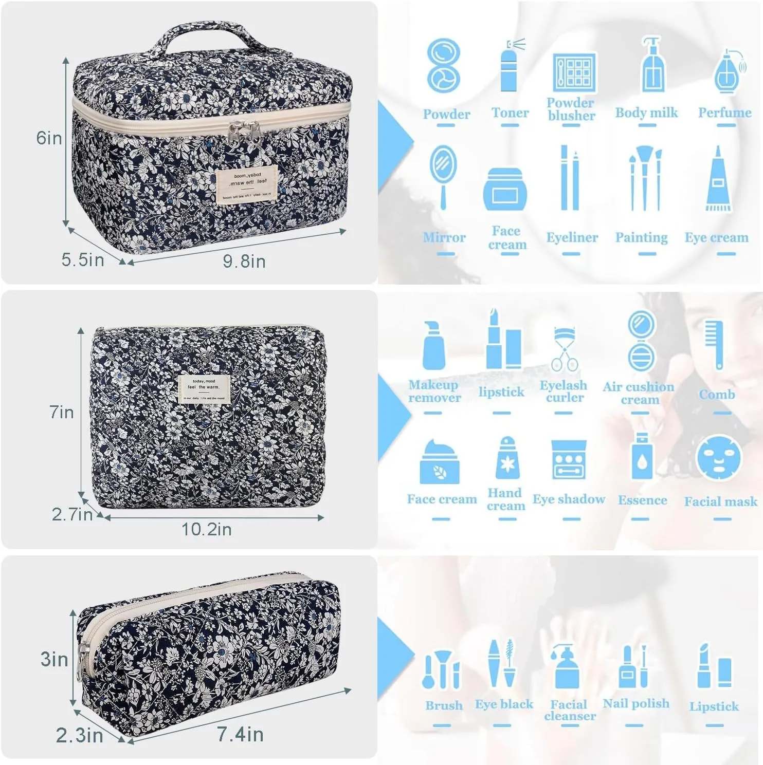 3 Pcs Cotton Quilted Makeup Bag Set, Floral Cotton Cosmetic Bag, Aesthetic Toiletry Travel Organizer Bag for Women (Black White Leaves)