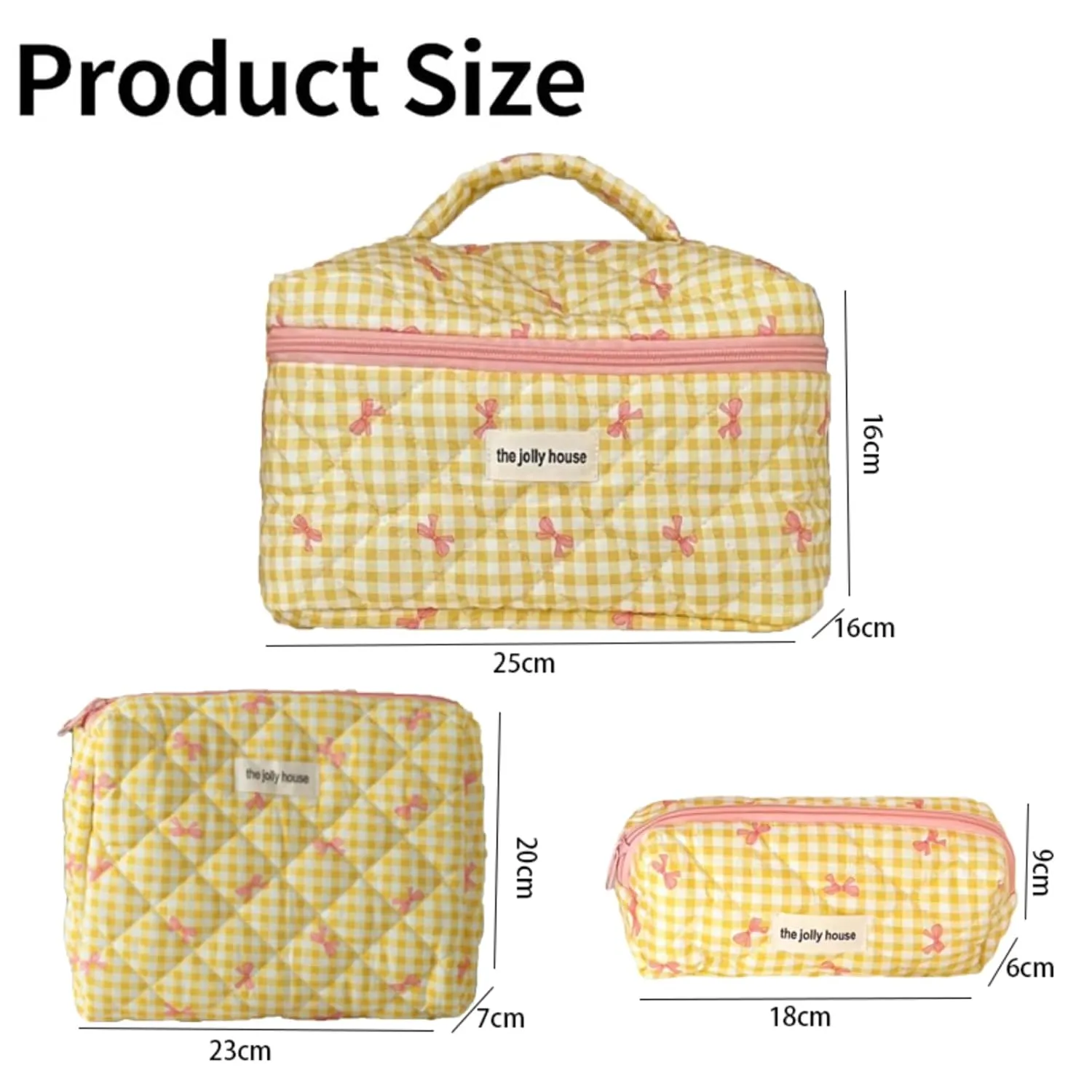 3 Pcs Makeup Bag Set, Quilted Makeup Bags Set, Cute Cotton Makeup Pouch, Polka Dot Makeup Bag, Plaid Bow Cosmetic Bag, Large Travel Cosmetic Bag for Women (C)