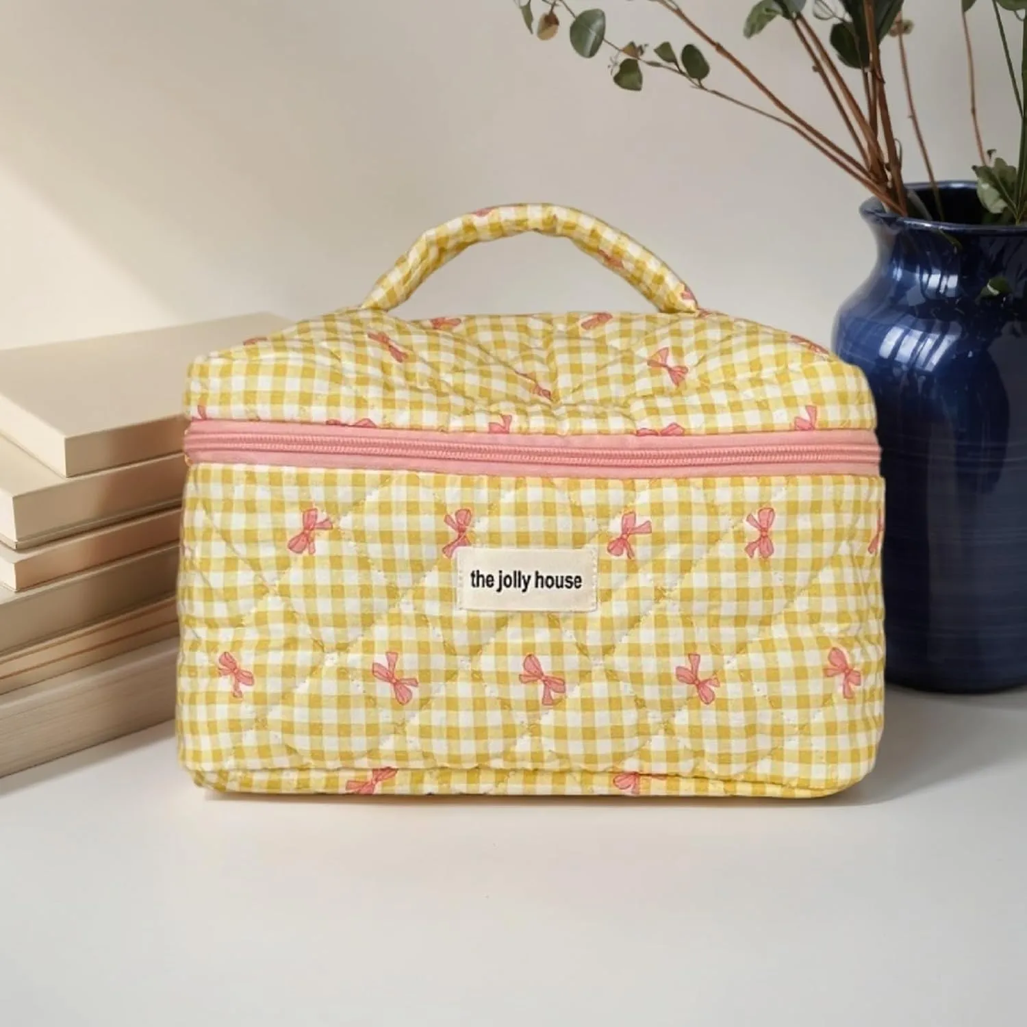 3 Pcs Makeup Bag Set, Quilted Makeup Bags Set, Cute Cotton Makeup Pouch, Polka Dot Makeup Bag, Plaid Bow Cosmetic Bag, Large Travel Cosmetic Bag for Women (C)