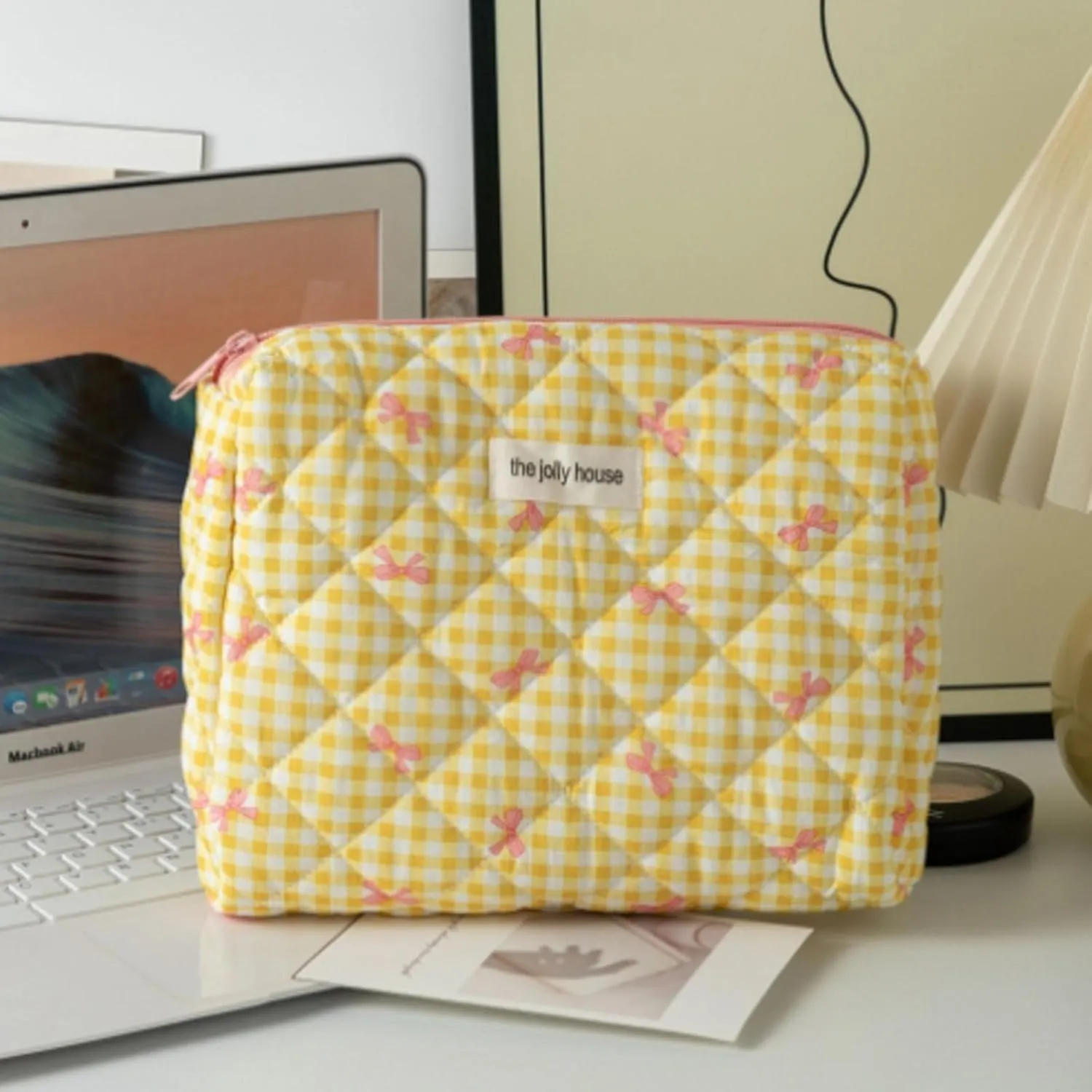 3 Pcs Makeup Bag Set, Quilted Makeup Bags Set, Cute Cotton Makeup Pouch, Polka Dot Makeup Bag, Plaid Bow Cosmetic Bag, Large Travel Cosmetic Bag for Women (C)