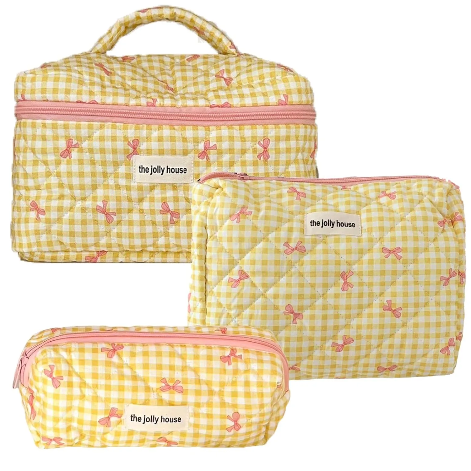 3 Pcs Makeup Bag Set, Quilted Makeup Bags Set, Cute Cotton Makeup Pouch, Polka Dot Makeup Bag, Plaid Bow Cosmetic Bag, Large Travel Cosmetic Bag for Women (C)