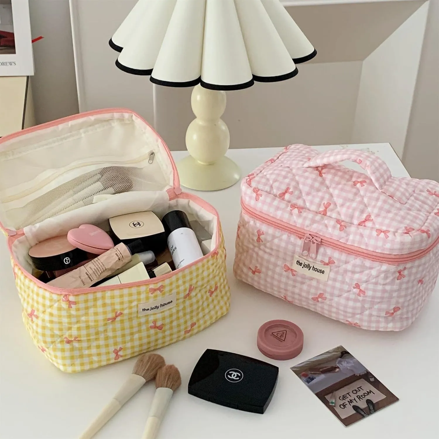 3 Pcs Makeup Bag Set, Quilted Makeup Bags Set, Cute Cotton Makeup Pouch, Polka Dot Makeup Bag, Plaid Bow Cosmetic Bag, Large Travel Cosmetic Bag for Women (C)