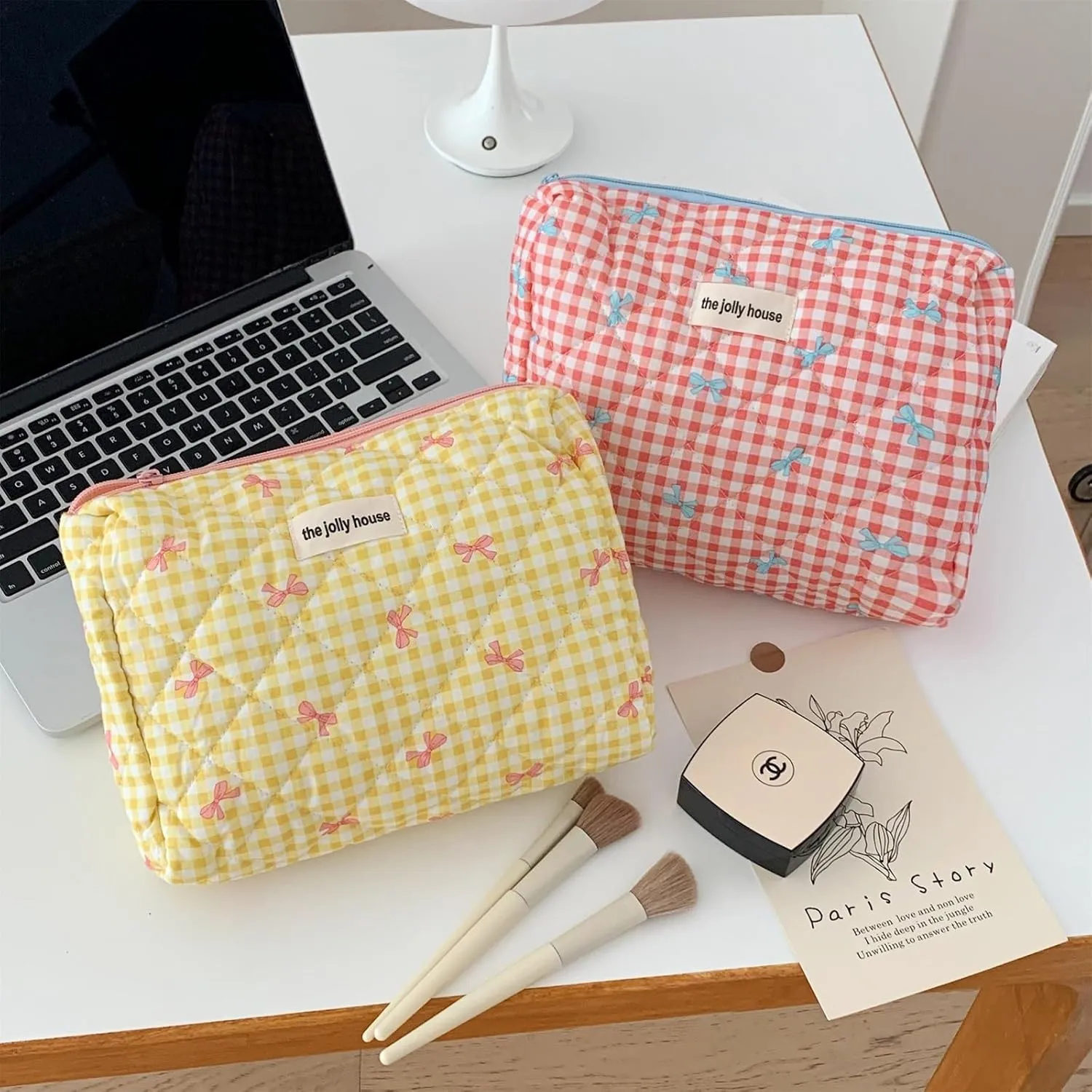 3 Pcs Makeup Bag Set, Quilted Makeup Bags Set, Cute Cotton Makeup Pouch, Polka Dot Makeup Bag, Plaid Bow Cosmetic Bag, Large Travel Cosmetic Bag for Women (C)