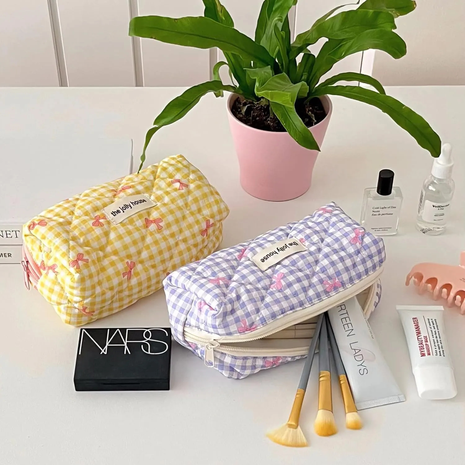 3 Pcs Makeup Bag Set, Quilted Makeup Bags Set, Cute Cotton Makeup Pouch, Polka Dot Makeup Bag, Plaid Bow Cosmetic Bag, Large Travel Cosmetic Bag for Women (C)