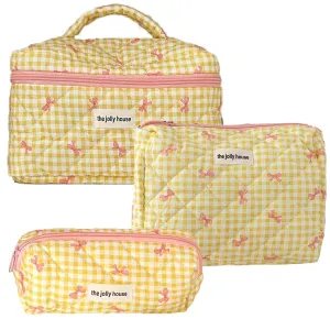 3 Pcs Makeup Bag Set, Quilted Makeup Bags Set, Cute Cotton Makeup Pouch, Polka Dot Makeup Bag, Plaid Bow Cosmetic Bag, Large Travel Cosmetic Bag for Women (C)