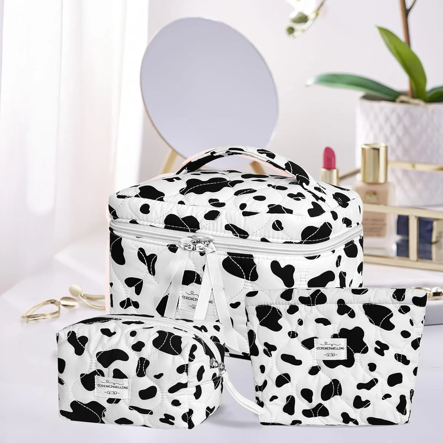 3 PCS Quilted Makeup Bag Set Coquette Cosmetic Bag Toiletry Travel Organizer, Small Medium Large, Cute Portable Puffy for Women Girls, Cow