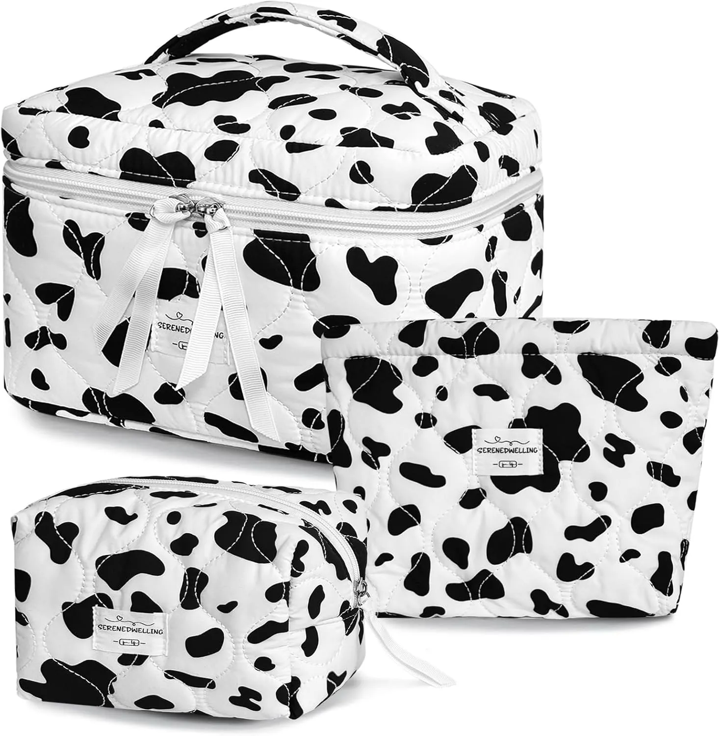 3 PCS Quilted Makeup Bag Set Coquette Cosmetic Bag Toiletry Travel Organizer, Small Medium Large, Cute Portable Puffy for Women Girls, Cow