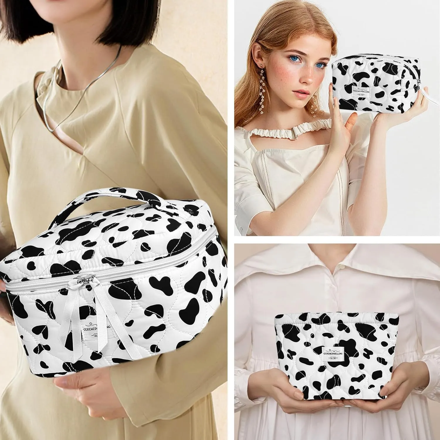 3 PCS Quilted Makeup Bag Set Coquette Cosmetic Bag Toiletry Travel Organizer, Small Medium Large, Cute Portable Puffy for Women Girls, Cow