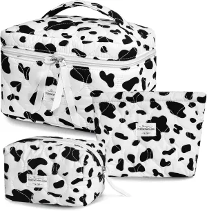 3 PCS Quilted Makeup Bag Set Coquette Cosmetic Bag Toiletry Travel Organizer, Small Medium Large, Cute Portable Puffy for Women Girls, Cow