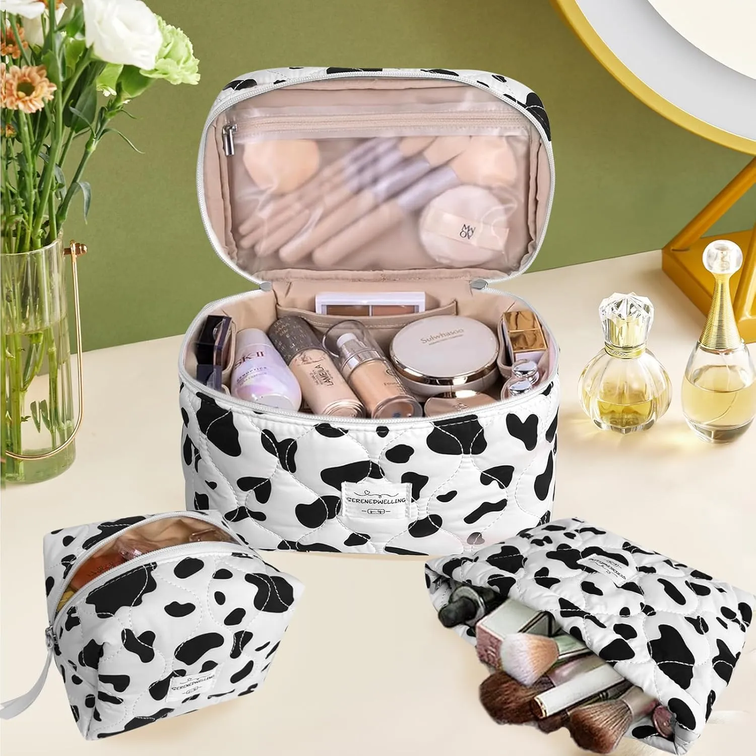 3 PCS Quilted Makeup Bag Set Coquette Cosmetic Bag Toiletry Travel Organizer, Small Medium Large, Cute Portable Puffy for Women Girls, Cow