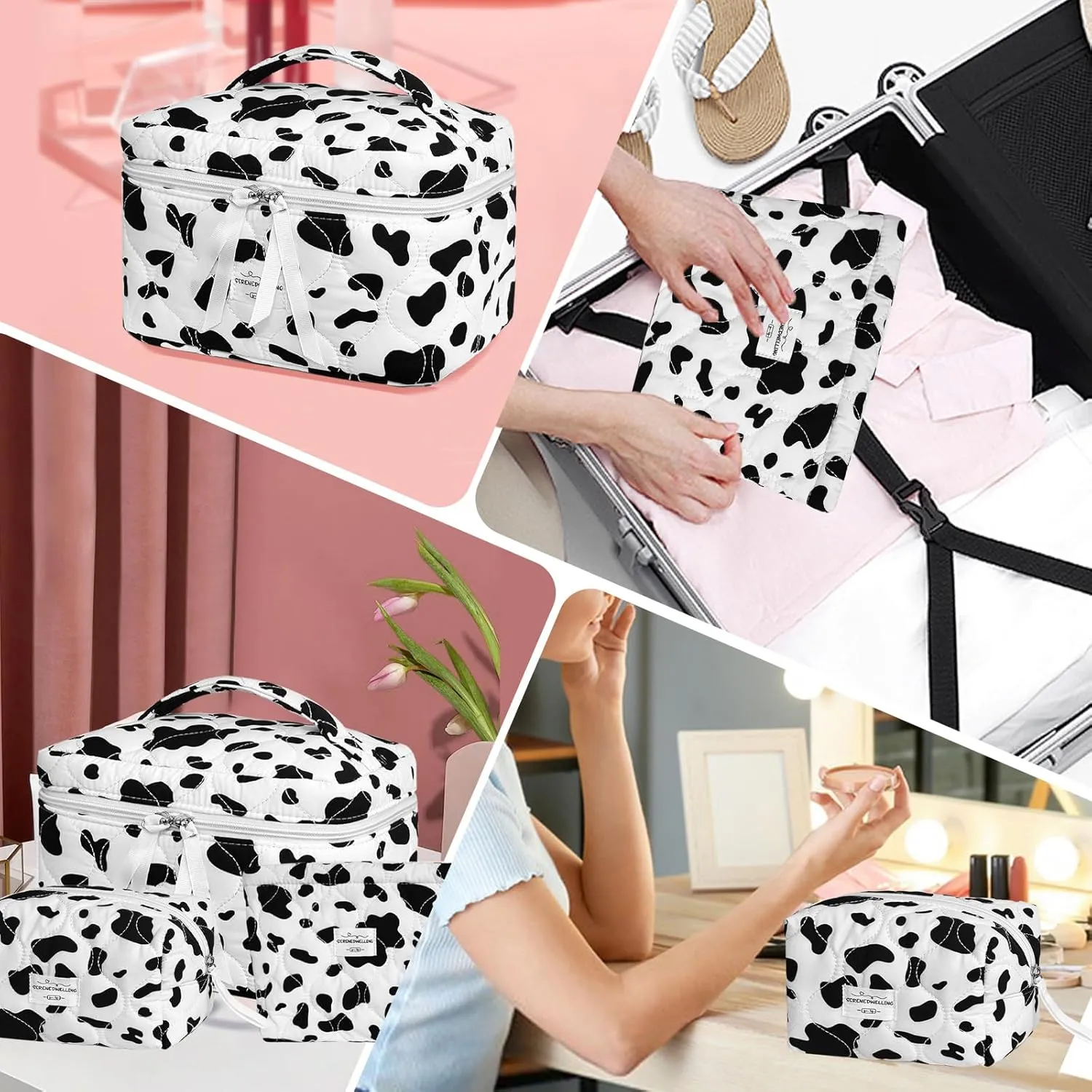 3 PCS Quilted Makeup Bag Set Coquette Cosmetic Bag Toiletry Travel Organizer, Small Medium Large, Cute Portable Puffy for Women Girls, Cow