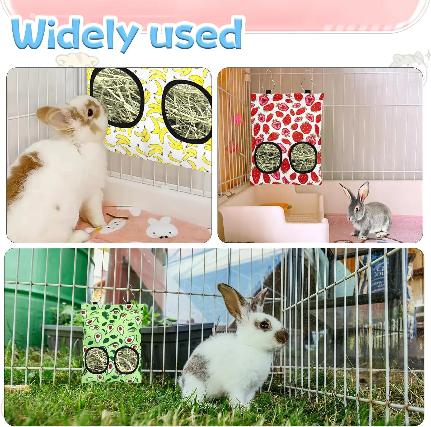 3 Pcs Rabbit Hay Feeder, 2-Hole Hanging Guinea Pig Hay Bags Washable Bunny Hay Bag for Rabbits, Chinchillas, Hamsters, Small Pets and Animals (11.8"×8.7")