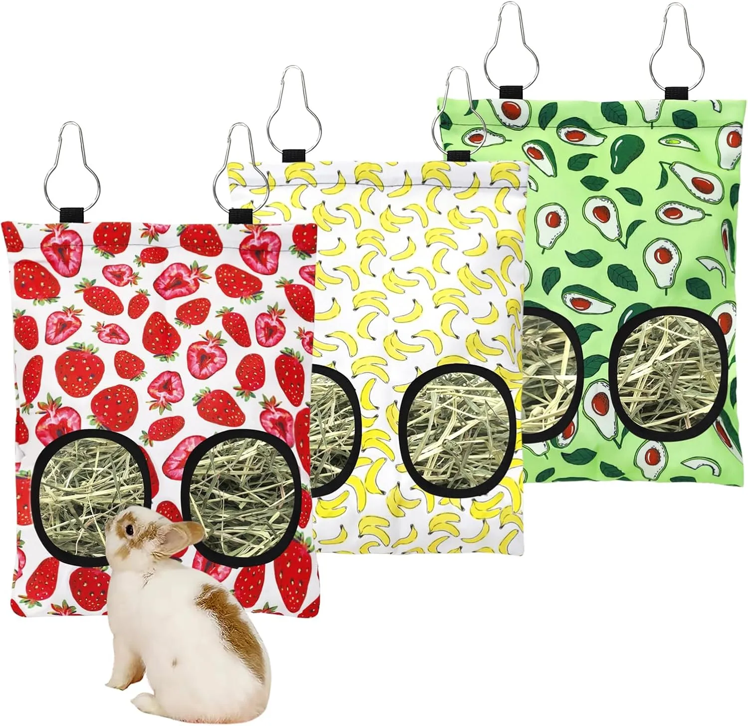 3 Pcs Rabbit Hay Feeder, 2-Hole Hanging Guinea Pig Hay Bags Washable Bunny Hay Bag for Rabbits, Chinchillas, Hamsters, Small Pets and Animals (11.8"×8.7")