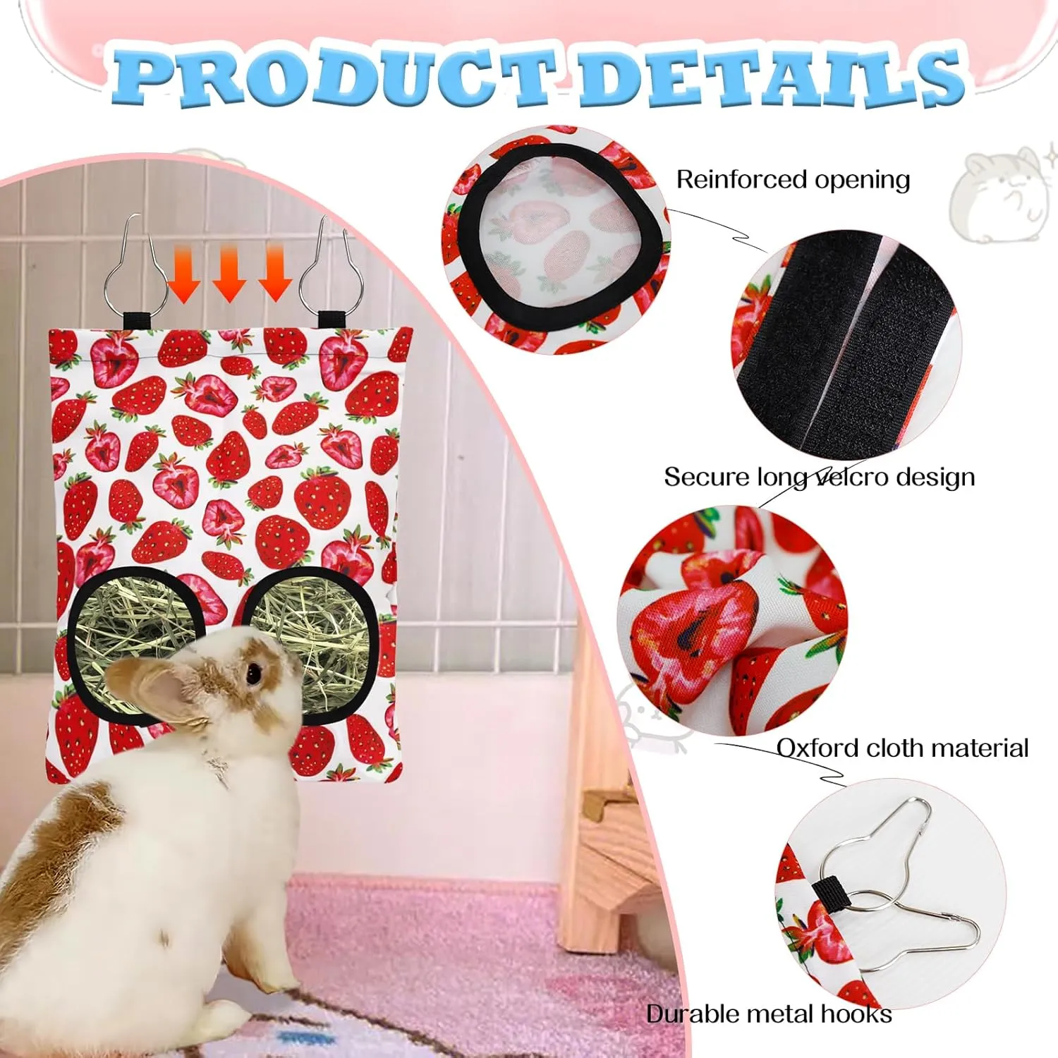 3 Pcs Rabbit Hay Feeder, 2-Hole Hanging Guinea Pig Hay Bags Washable Bunny Hay Bag for Rabbits, Chinchillas, Hamsters, Small Pets and Animals (11.8"×8.7")