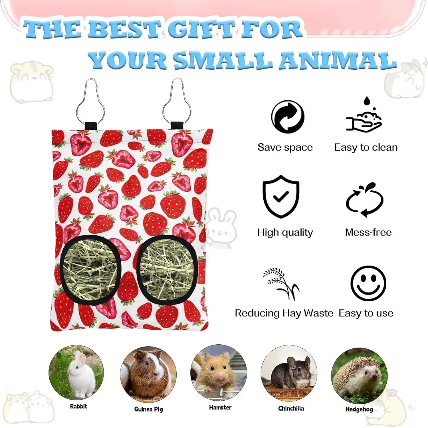 3 Pcs Rabbit Hay Feeder, 2-Hole Hanging Guinea Pig Hay Bags Washable Bunny Hay Bag for Rabbits, Chinchillas, Hamsters, Small Pets and Animals (11.8"×8.7")