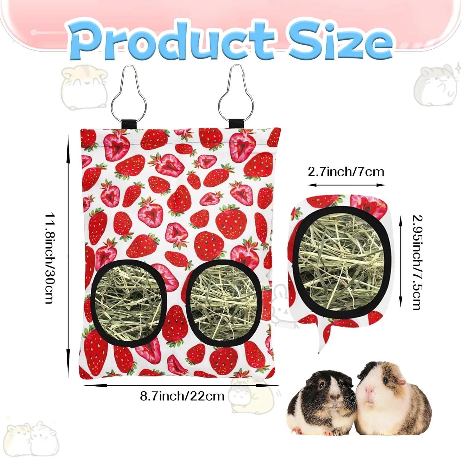 3 Pcs Rabbit Hay Feeder, 2-Hole Hanging Guinea Pig Hay Bags Washable Bunny Hay Bag for Rabbits, Chinchillas, Hamsters, Small Pets and Animals (11.8"×8.7")