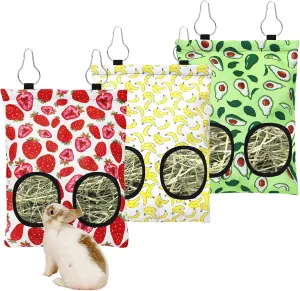 3 Pcs Rabbit Hay Feeder, 2-Hole Hanging Guinea Pig Hay Bags Washable Bunny Hay Bag for Rabbits, Chinchillas, Hamsters, Small Pets and Animals (11.8"×8.7")