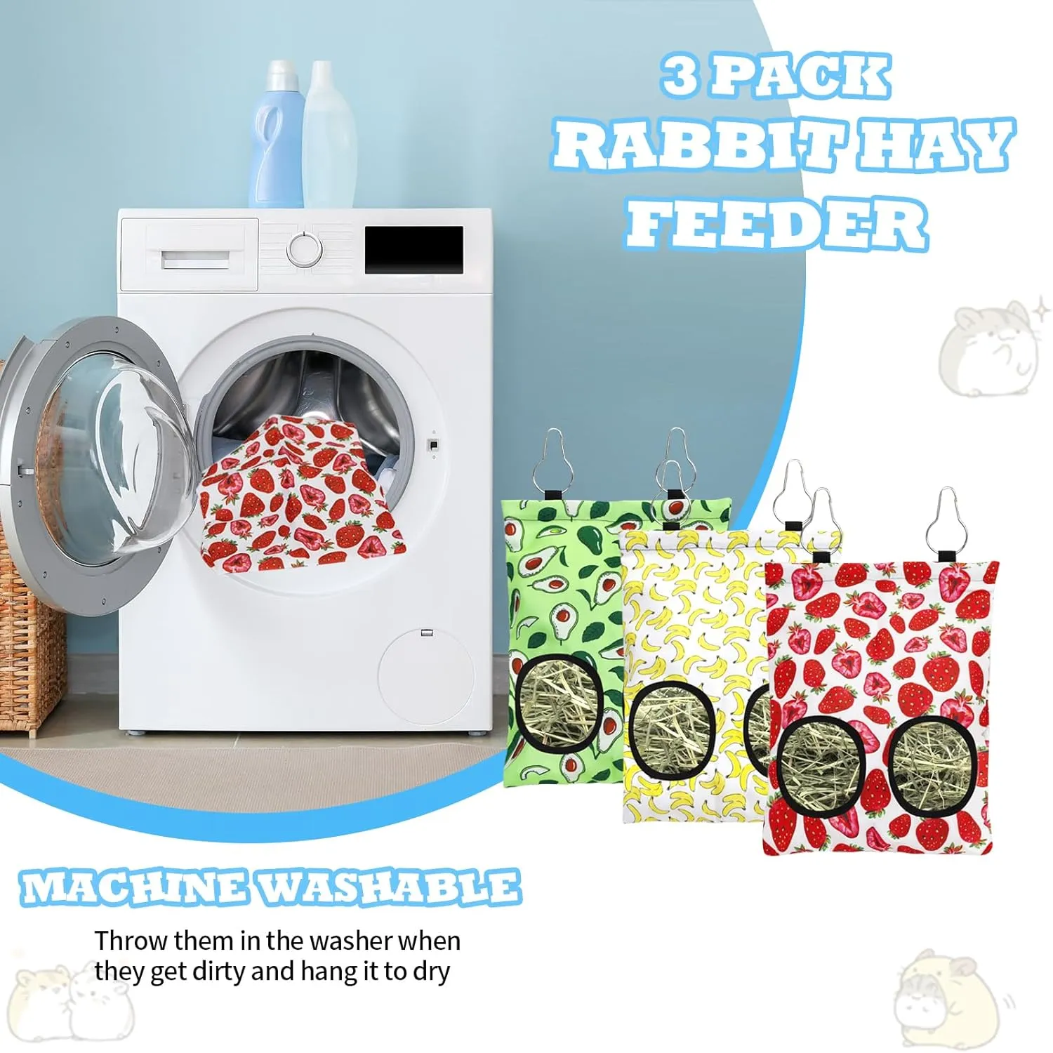 3 Pcs Rabbit Hay Feeder, 2-Hole Hanging Guinea Pig Hay Bags Washable Bunny Hay Bag for Rabbits, Chinchillas, Hamsters, Small Pets and Animals (11.8"×8.7")