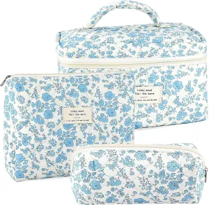 3Pcs Cotton Quilted Makeup Bag for Women Extra Large Small Travel Cosmetic Bag Set Cute Blue Floral Print Makeup Pouch Portable Toiletry Bag Organizer Coquette Vintage Puffy Travel Essential