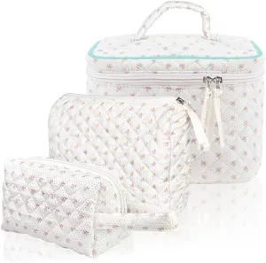 3Pcs Cotton Quilted Makeup Bag Set,Large Capacity Floral Makeup Bag,Cute Portable Toiletry Bag Set,Women's Toiletry Bag for Traveling Business Trips Storage