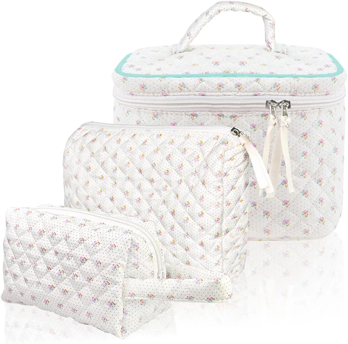 3Pcs Cotton Quilted Makeup Bag Set,Large Capacity Floral Makeup Bag,Cute Portable Toiletry Bag Set,Women's Toiletry Bag for Traveling Business Trips Storage