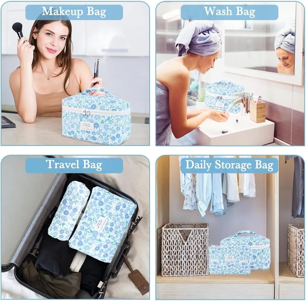 3Pcs Cotton Quilted Makeup Bag Set,Large Floral Cosmetic Bag，Aesthetic Toiletry Travel Makeup Bag Set and Cute Flower Bag for Women Girls (Blue Flower)