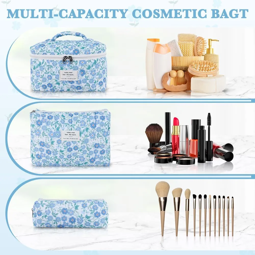 3Pcs Cotton Quilted Makeup Bag Set,Large Floral Cosmetic Bag，Aesthetic Toiletry Travel Makeup Bag Set and Cute Flower Bag for Women Girls (Blue Flower)