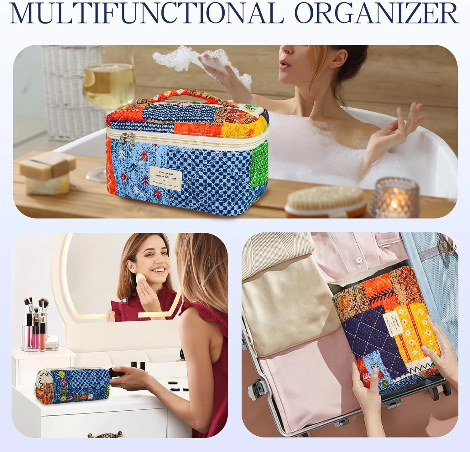 3Pcs Travel Makeup Bag, Travel Toiletry Bag for Women, Cosmetic Bags for Women Travel Set, Cute Makeup Bags, Quilted Cosmetic Bag, Women's Quilted Toiletry Bag Storage
