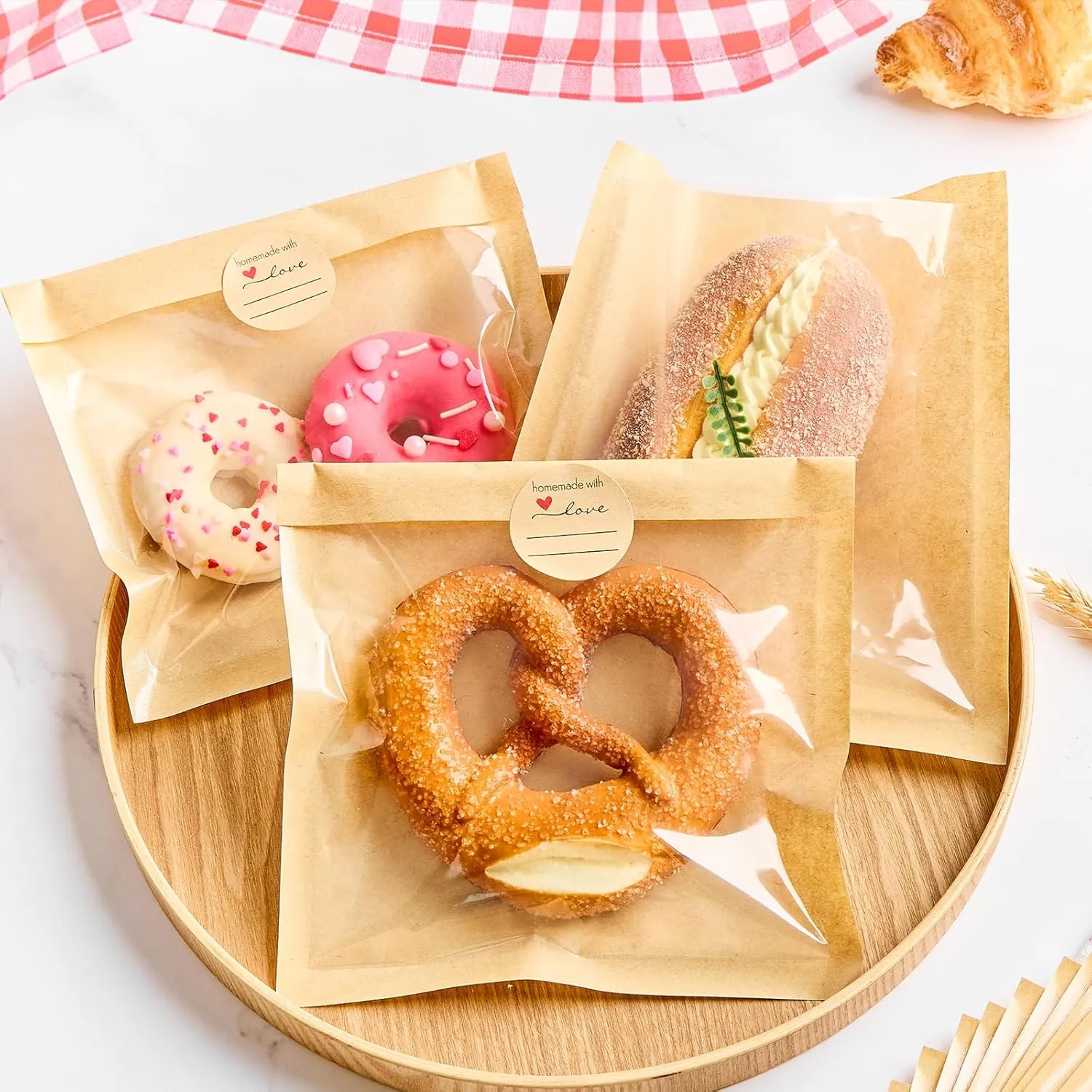 400 Pack Heat Sealable Bakery Bags with Window, 7.1 x 7.5 Inch Large Kraft Paper Cookie Bags with Seal Food Packaging Sleeves for Pastry, Bagel, Treat, Donut, Cake Slice