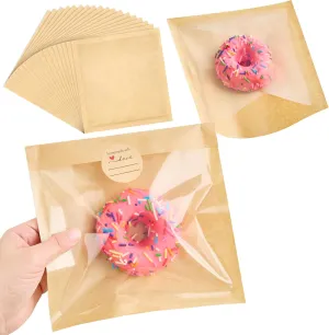 400 Pack Heat Sealable Bakery Bags with Window, 7.1 x 7.5 Inch Large Kraft Paper Cookie Bags with Seal Food Packaging Sleeves for Pastry, Bagel, Treat, Donut, Cake Slice