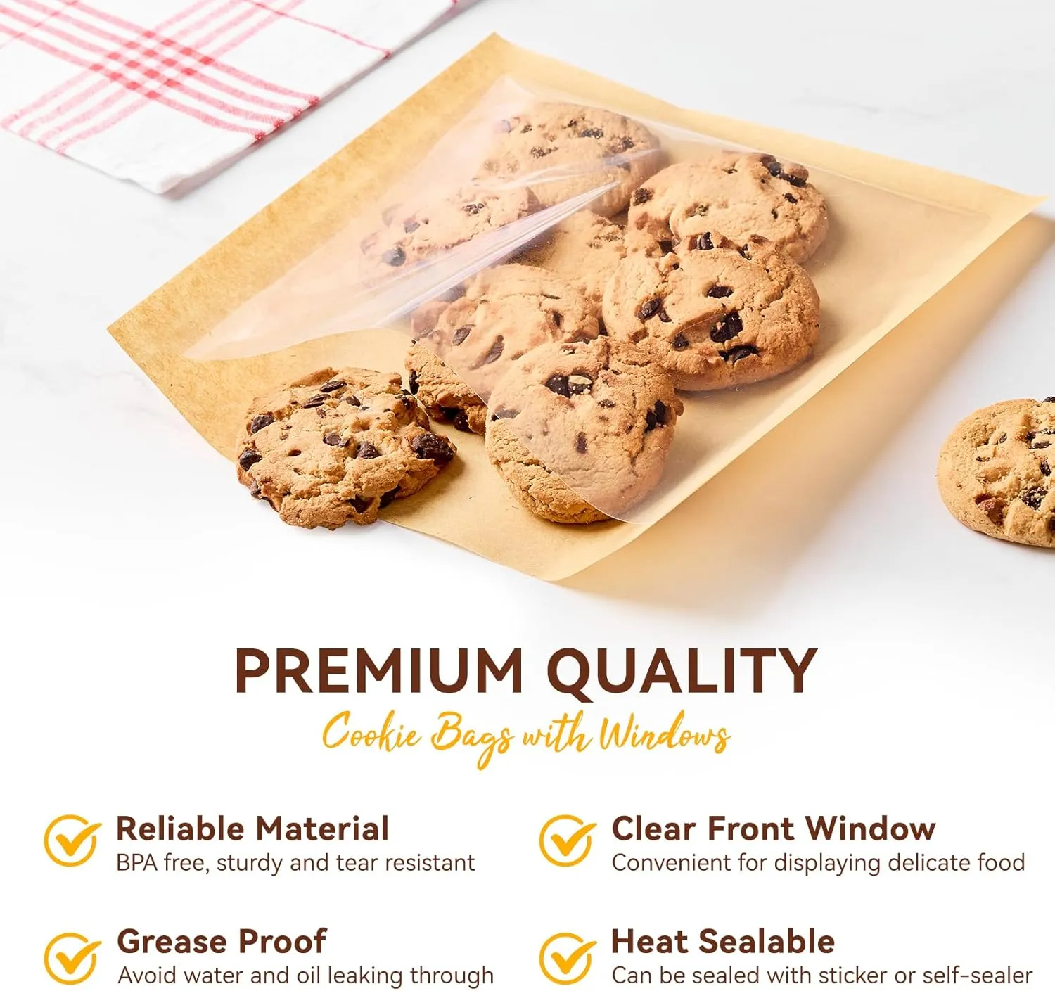 400 Pack Heat Sealable Bakery Bags with Window, 7.1 x 7.5 Inch Large Kraft Paper Cookie Bags with Seal Food Packaging Sleeves for Pastry, Bagel, Treat, Donut, Cake Slice