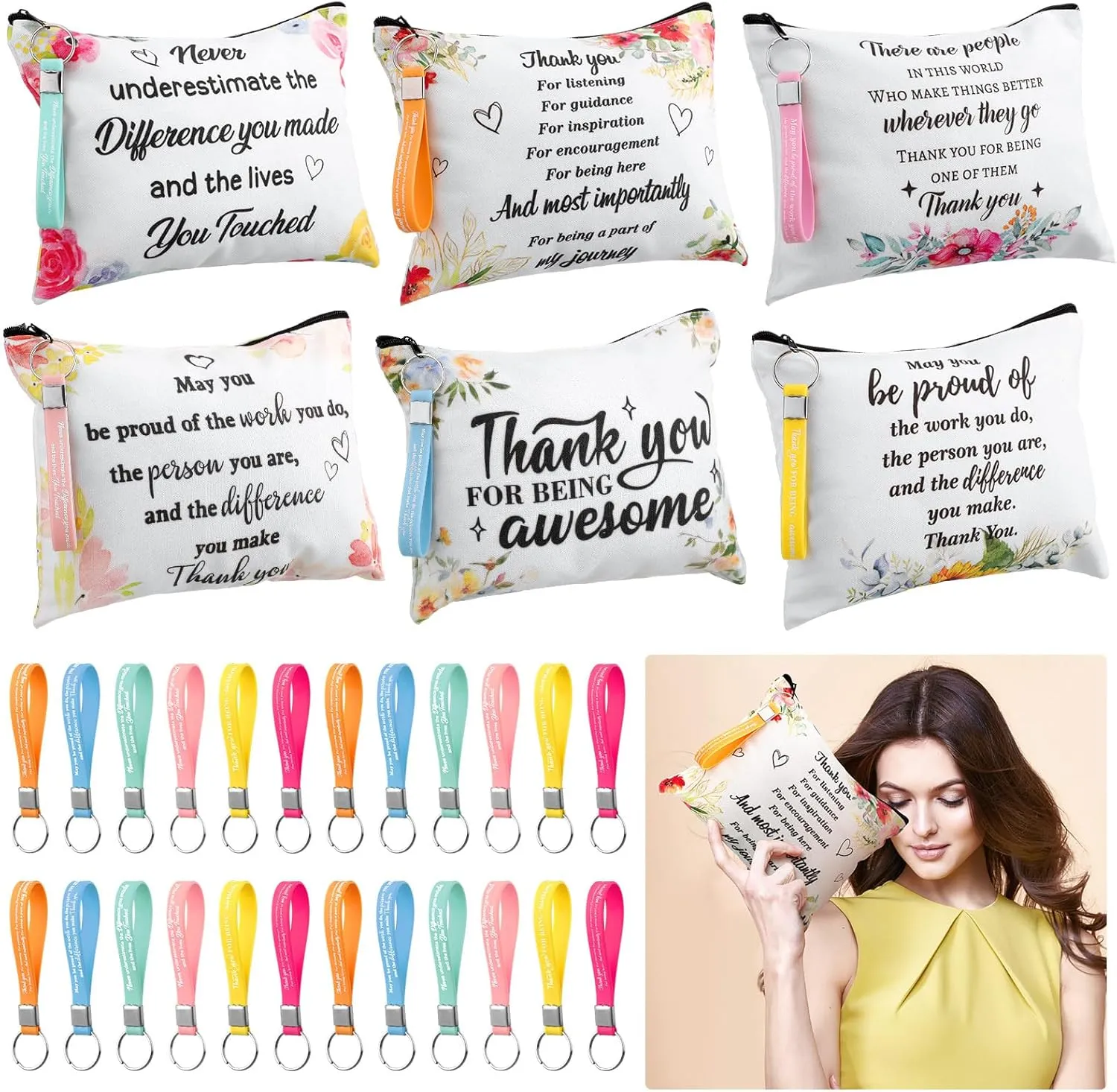 48 Pcs Cna Gifts Inspirational Cosmetic Bag Bulk with Zipper Keychain Cna Appreciation Gifts Bulk Motivational Makeup Bag for Graduation Nursing Assistant Women Teacher Staff Coworker(Delicate Style)